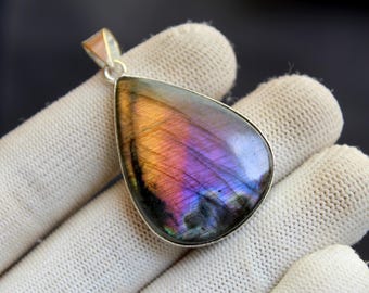 Rare Purple Flashy Labradorite Sterling Silver Pendant, Iridescent Flashy Gemstone Jewelry