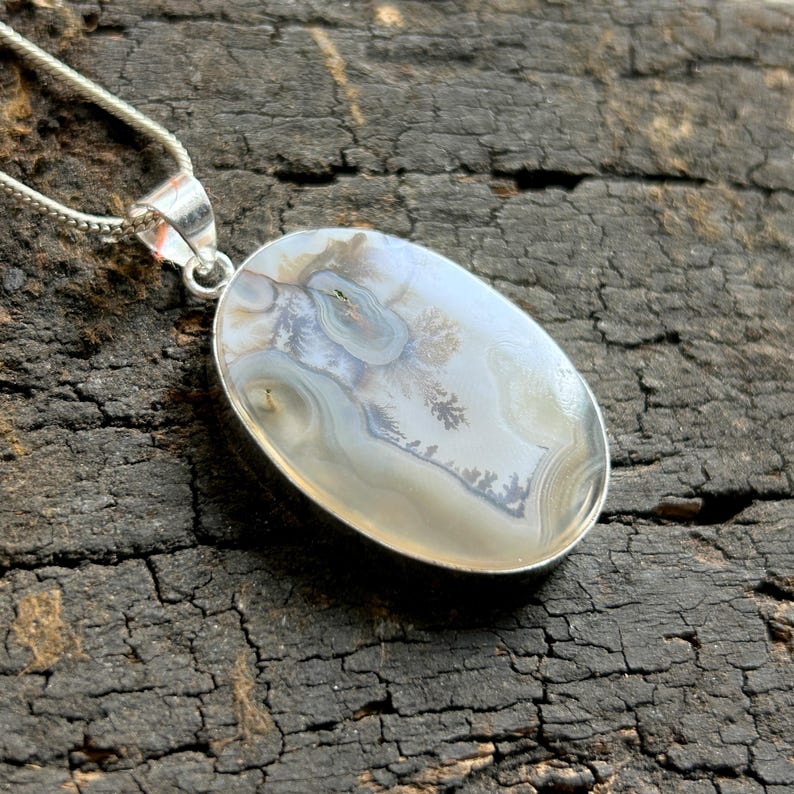 May include: Oval pendant with a silver chain. The pendant features a polished, light-coloured stone with intricate patterns in shades of grey, brown, and white. The stone is set in a silver bezel.