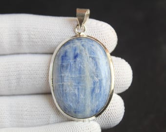 Natural Blue Kyanite Pendant, 925 Sterling Silver, Raw Crystal Necklace, Artisan Statement Jewelry