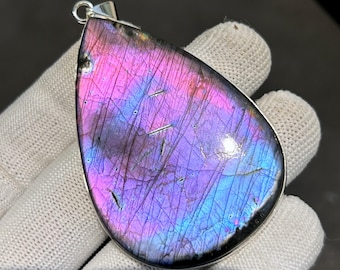 Colgante grande de labradorita púrpura, collar llamativo de plata de ley 925, colgante de piedra preciosa rara