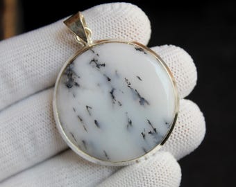 Natural Dendritic Opal Pendant in 925 Sterling Silver, White Opal Necklace, Handmade Black Vein Gemstone Jewelry