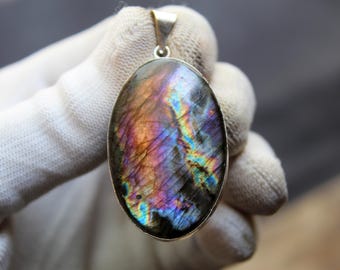 Rare Purple Flashy Labradorite Sterling Silver Pendant, Iridescent Flashy Gemstone Jewelry
