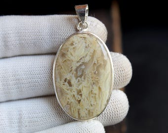 Colgante de ágata musgosa amarilla rara, plata de ley, joyería de piedra de ágata natural