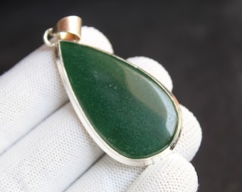 Natürliche Grüne Jade Anhänger Halskette in 925 Sterling Silber, Großer Grüner Jade Teardrop Anhänger, Handgemachter Jade Schmuck
