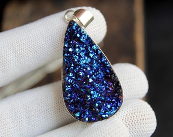 Titan Druzy Achat 925 Sterling Silber Anhänger, Sterling Silber Regenbogen Kristall Halskette, handgemachter Statement Schmuck