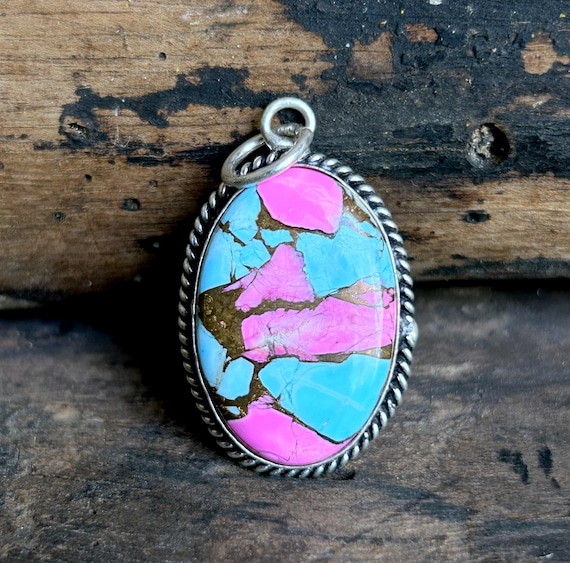 Cotton Candy Dahlia Turquoise Pendant, Pink Blue Gemstone  display picture 1