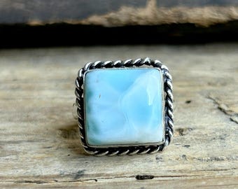 Natural  Larimar Ring , 925 Solid Sterling Ring , Handmade Natural Larimar Ring, Larimar Cabochon Ring, Custom Ring Size Available