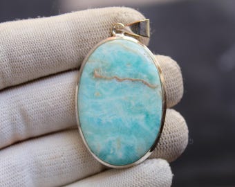 Handmade Sterling Silver Caribbean Sea Calcite Pendant, Ocean Blue Gemstone Necklace