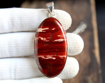 Colgante de jaspe rojo, collar de jaspe bandeado natural, piedra rojo intenso, colgante de plata 925 hecho a mano, regalo de joyería bohemia llamativa