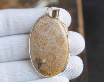 Colgante de coral fósil natural, plata de ley 925, collar floral con piedras preciosas, joyería marina