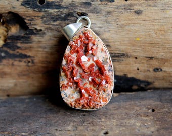 Raw Vanadinite Crystal Necklace 925 Sterling Silver Red Gemstone Pendant