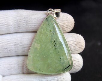 Colgante grande de prehnita verde, plata de ley 925, collar minimalista estilo bohemio, colgante de piedra preciosa natural