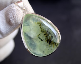 Colgante grande de prehnita verde, plata de ley 925, collar minimalista estilo bohemio, colgante de piedra preciosa natural