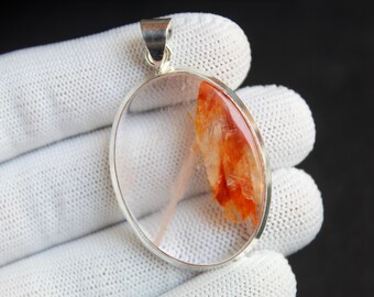 Handgefertigter Feuerquarz Anhänger, 925 Sterling Silber, Roter Einschluss Kristall Halskette 40 x 30 mm