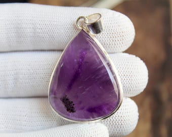 Colgante de amatista Apache raro en plata 925, collar de cristal de cuarzo púrpura natural, gema de cuarzo mixta única, joyería llamativa