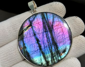 Colgante de labradorita púrpura, collar de plata 925, gema espectrolita brillante, joyería con destellos azules y púrpuras naturales, colgante llamativo para regalar