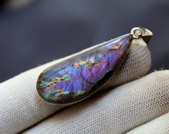 Rare Purple Flashy Labradorite Sterling Silver Pendant, Iridescent Flashy Gemstone Jewelry