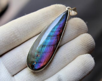 Rare Purple Flashy Labradorite Sterling Silver Pendant, Iridescent Flashy Gemstone Jewelry