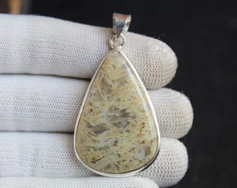 Colgante de ágata musgosa amarilla rara, plata de ley, joyería de piedra de ágata natural