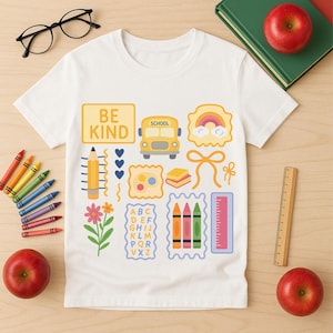 PNG colorati per il ritorno a scuola / Clipart per insegnanti preppy / PNG per materiale scolastico scarabocchiato / Design per la classe "Be Kind" + PNG bonus gratuito