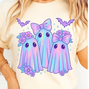 Pastel Halloween-spook, png – Leuke kawaii-geesten met strikken en bloemen – sublimatie voor meisjes, digitale sticker + gratis Halloween-png