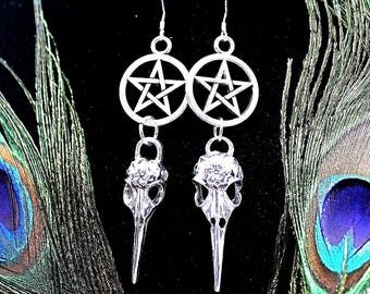 Silver Raven Skull Earrings: Pentagram Steampunk Style