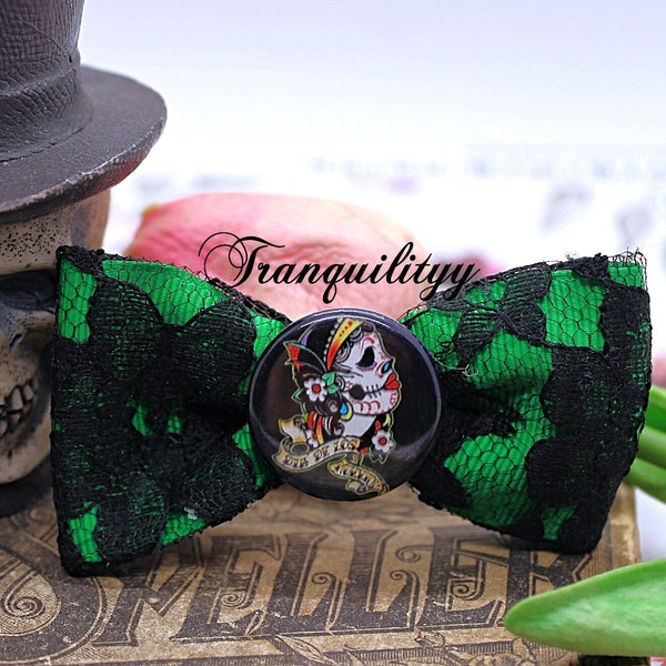 Sugar Skull Hair Bow, Dia de los Muertos Day of The Dead Hair Bow, Gothic, Punk, Enigma, Gypsy Style Hair Clip, Pin Up Style Hair Jewelry