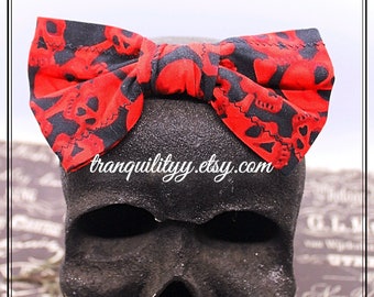 Skull Hair Bow 1000 Corpse , Day Of The Dead Skull Gothic   Red Skulls Fabric Hair Bow 4.5" x 2.5" Handmade By: Tranquilityy