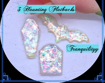 DIY Cabochon Iridescent 3 Piece Set// Mylar Glitter DIY Resin Cabochons//Resin Coffin,Bat and Tombstone Cabochons