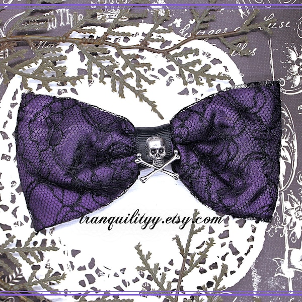 Hair Bow Purple Satin and Lace Skull Hair Bow  Psychobilly, Gothic, Scene, Emo, Cyber, Punk, Cosplay , Rave , By: Tranquilityy