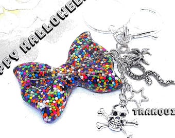 Keyring / Purse Charm/Halloween Sprinkle Bow Keyring: Skull, Snake & Spider Charms
