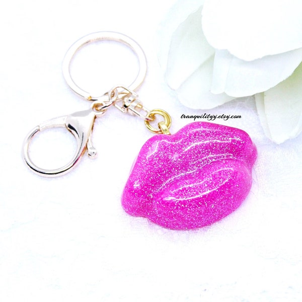 Key Ring, Pink Lips Keyring ,Kiss Me Hot Pink / Neon Pink  Glitter Gold Keyring / Light Pink Resin Lips Key Chain,Handmade By: Tranquilityy