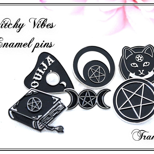 Enamel Pins/ Witchy Good Vibes Pin Backs/Alternative/ Ouija/Triple Moon/ Boog Of Spells/Pentagram/ Third Eye/ Black Enamel Pins/Witchy Vibes