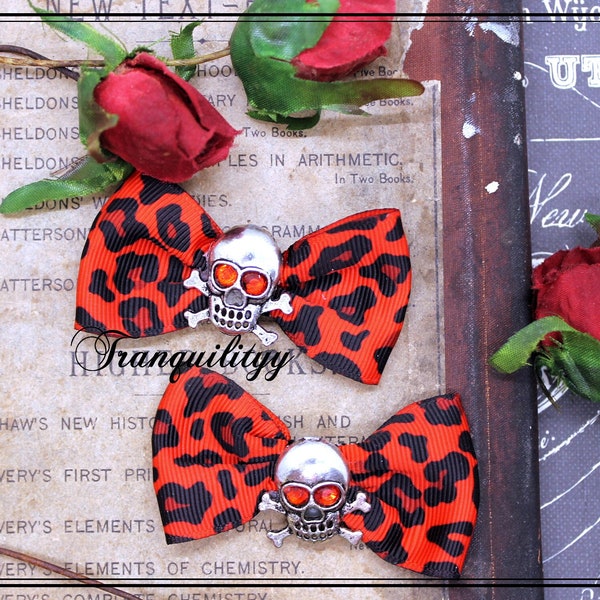 Hair Bow, Red Leopard print Skull Hair Bows ,Blood Red Leopard Skull Hair Clips, Leopard Hair Clips, Skull Hair Bow