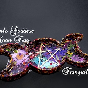 Triple Moon Resin Tray: Floral Wiccan Altar Dish with Pentagram