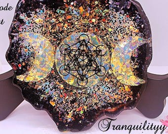 Base para copo Metatron Cube: Arte em resina estilo geodo de geometria sagrada