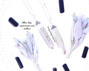 Collana in resina con punta di cristallo di salvia essiccata - Catena in argento