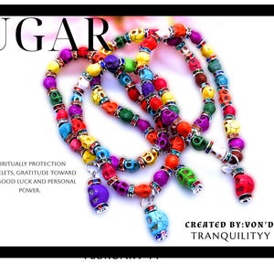 Sugar Skull Stretch Bracelet/Day of the Dead Bracelet/Howlite Skull Stretch Bracelet 7.5&quot;/ Dia De Los Muertos /Created By Von&#39;Dez/tranquil
