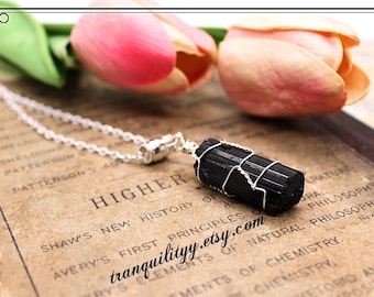 Black Tourmaline Necklace: Wire Wrapped Crystal, Protection Jewelry