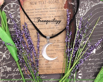 Silver Tone Moon Necklace: Faux Suede Cord, 1.5" Pendant