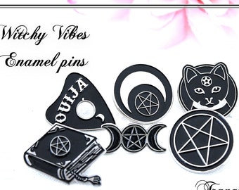 Enamel Pins/ Witchy Good Vibes Pin Backs/Alternative/ Ouija/Triple Moon/ Boog Of Spells/Pentagram/ Third Eye/ Black Enamel Pins/Witchy Vibes