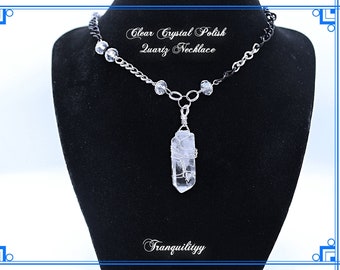 Crystal Quartz Necklace: Black & Silver Deco Style, Vintage Vibe