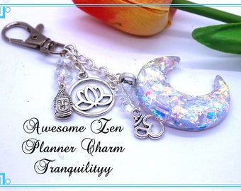 Moon Charm /Namaste Iridescent Moon Planner Charm/Crystal Purse Charm/Namaste Charm/Resin Crescent Moon/New Moon Witch Charm