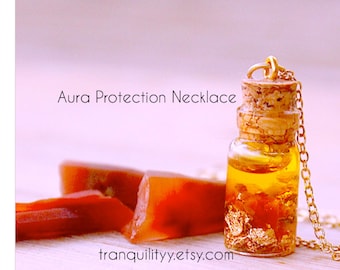 Aura Protection Necklace .5ml, Gold Leaf Flakes, Carnelian Crystal Quartz Healing Oils, Chakra, Protecting Essential Oils, Honey Jar Spell