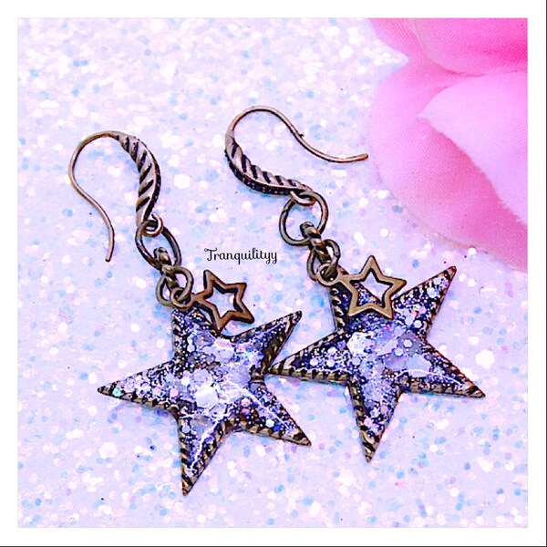 Star Earrings, Bronze Star Glitter Earrings, Dandle Earrings, Sliver Glitter Star Earrings, Handmade By Tranquilityy