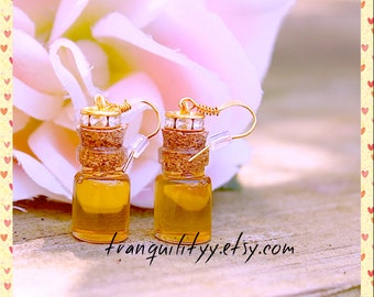 Honey Bottle Earrings ,Organic Natural Honey Bottle Necklace , Bee Pot Glass 0.5ml Bottle Charm Necklace By: Tranquilityy