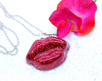 Lips Necklace, Red Glitter Resin Lips Necklace & Hair Clip  ,Smooches Red Hot Holographic Glitter Lip Resin  Handmade By: Tranquilityy