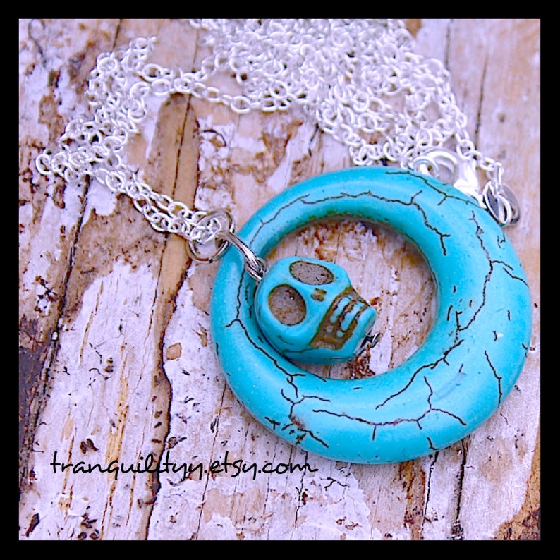 Skull Necklace , Day of the Dead Focal Turquoise Necklace, , Hipster, Scene, Emo, Gothic, By: Tranquilityy image 2