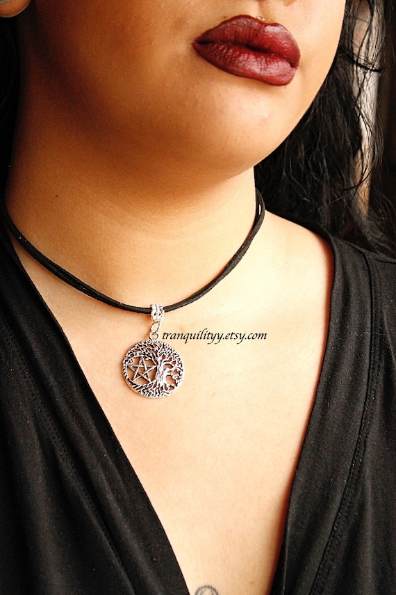 Tree of Life Choker Pentacle Choker Black Double Faux Suede