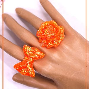 Neon Orange Fall Ring/Orange Sugar Glitter Rose and Bow Ring/Resin Flower Adjustable Ring/Fall Jewelry